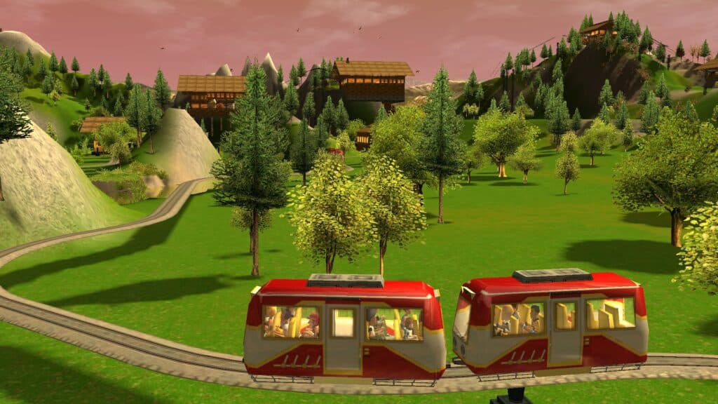 Simulated train in a field in RollerCoaster Tycoon 3