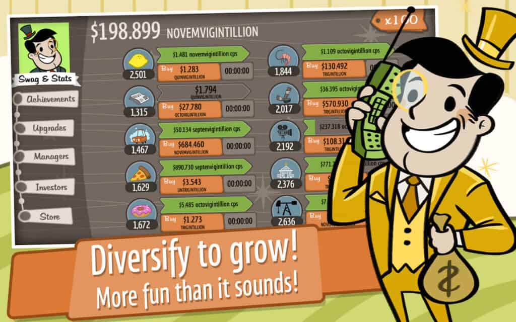 Investment options earning money in AdVenture Capitalist.