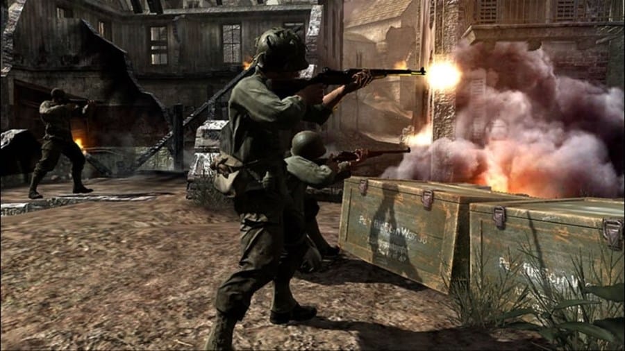 Soldiers and an explosion in Call of Duty 3.