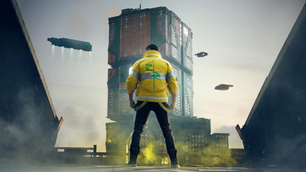 Cyberpunk character in yellow jacket stars at building.