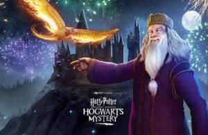 Dumbledore poses in front of Hogwarts with his phoenix in a promotional image for Hogwarts Legacy.