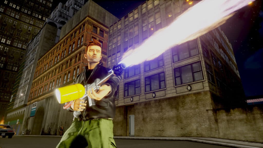 Protagonist uses flamethrower in GTA III.