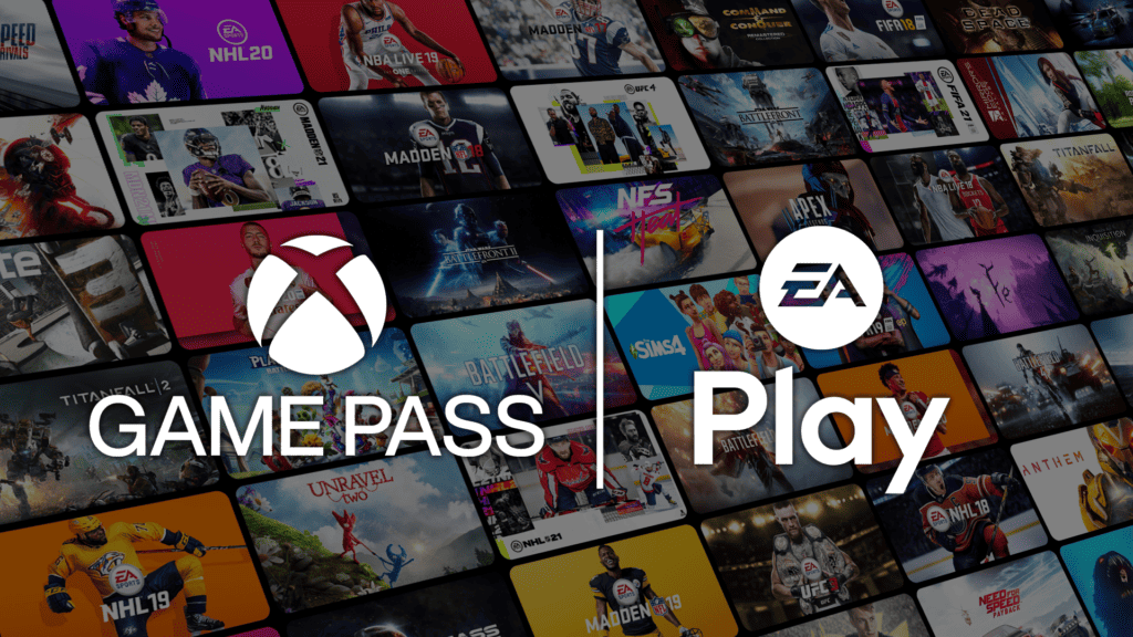 Game Pass and EA logos against a wall of games.