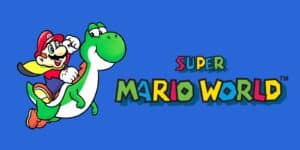 The logo for Super Mario World shows Mario with his yellow cape, riding on Yoshi's back.