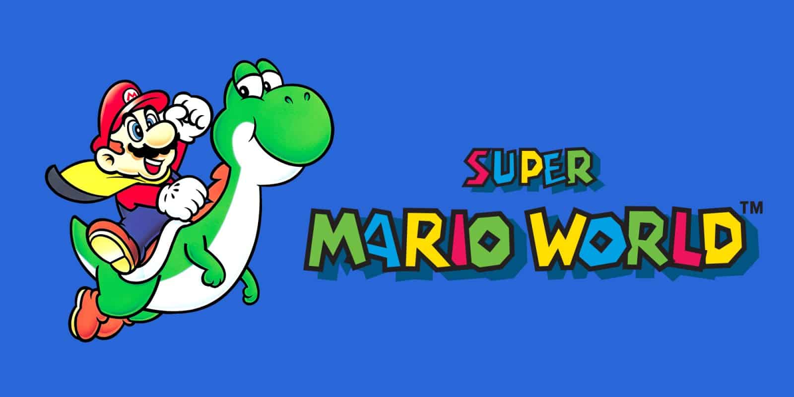 The logo for Super Mario World shows Mario with his yellow cape, riding on Yoshi's back.