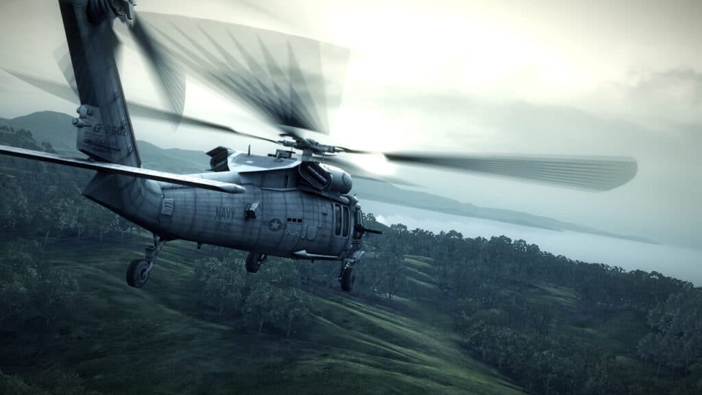 Helicopter flying over Skira in Operation Flashpoint: Dragon Rising.