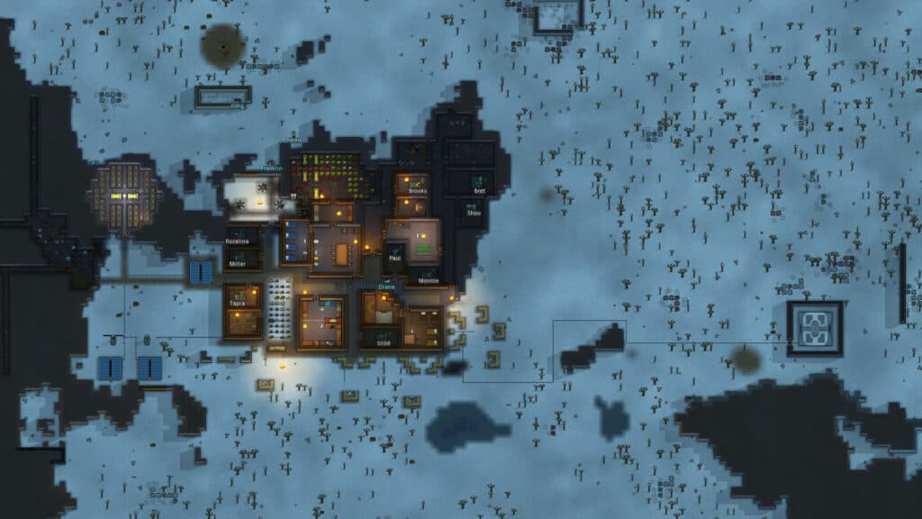 Snowy base in Rimworld.