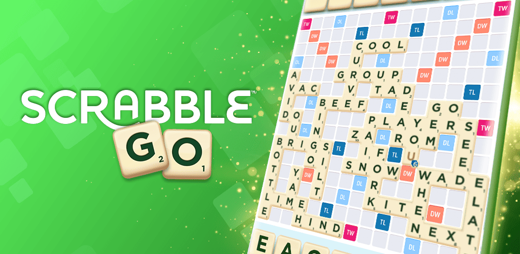 Scrabble GO board against green background.