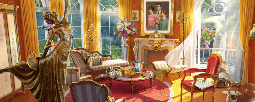 Screenshot from the game June's Journey, showing the parlor of June's family home. There's a statue of a dancing woman and a portrait of her family, along with other 1920s decor.