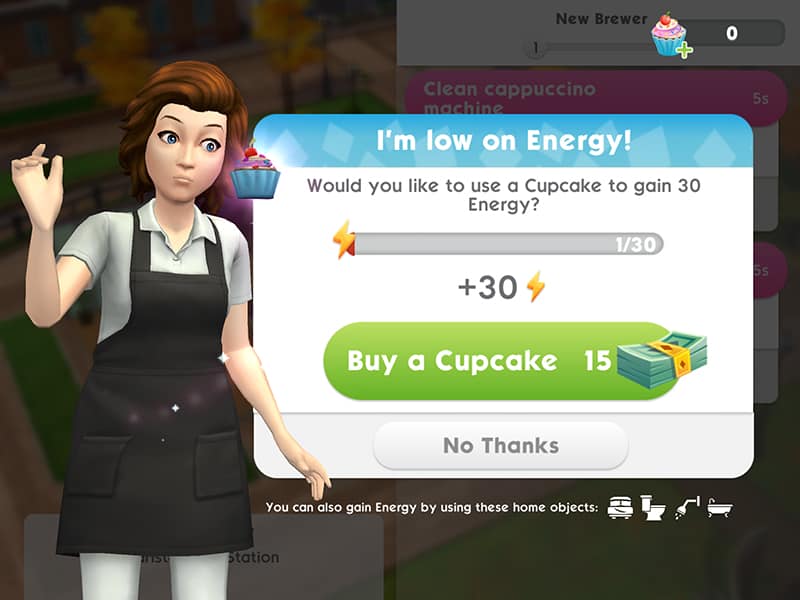 Energy options in Sims Mobile.