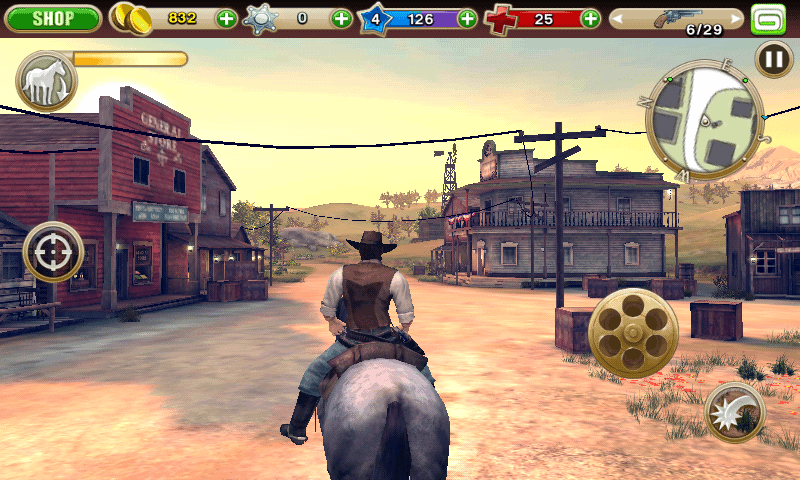 Riding a horse in town in Six-Guns.