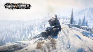 Screenshot of the SnowRunner where the front half of a semi truck drives up a snowy mountain ridge.