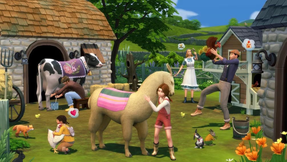 Screenshot of a player caring for a llama on a homestead in The Sims 4: Cottage Living