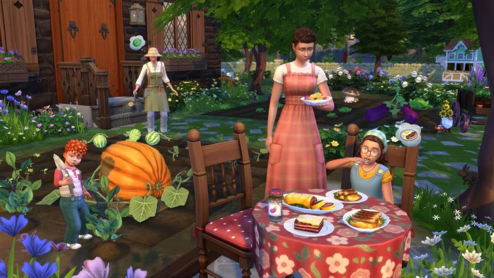 Characters in The Sims 4: Cottage Living at a dinner.