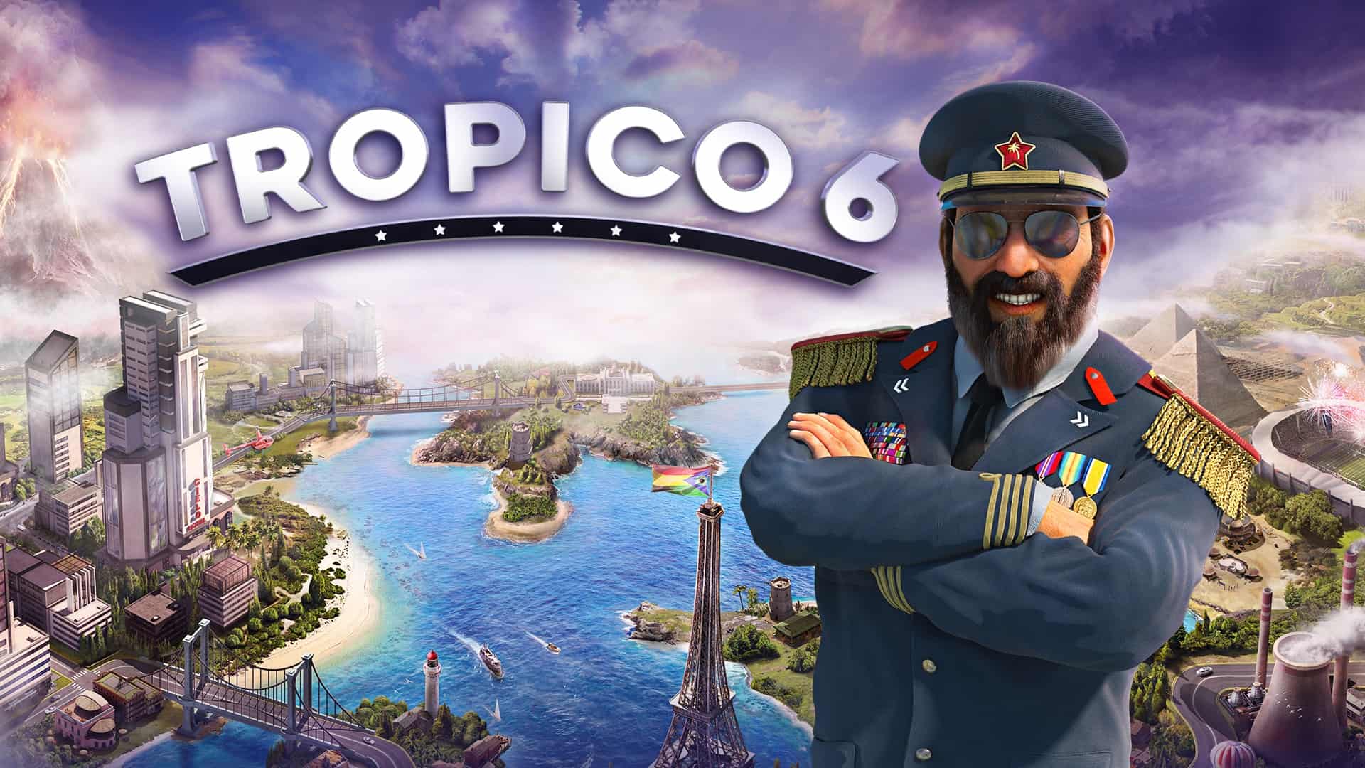 Main cover art with El Presidente posing in front of Tropico for Tropico 6