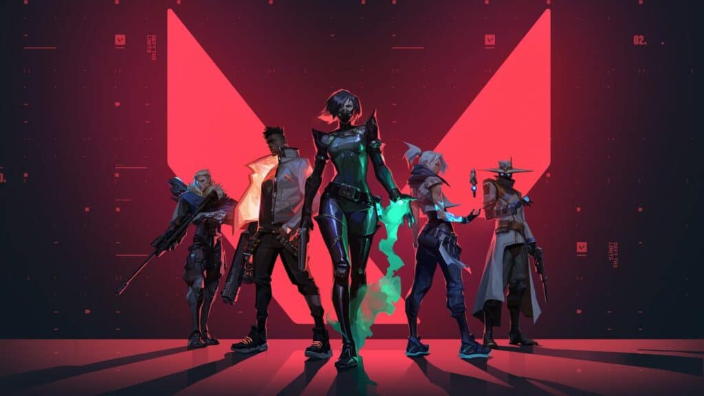 Character promo image showing multiple Agents in Valorante against red background.