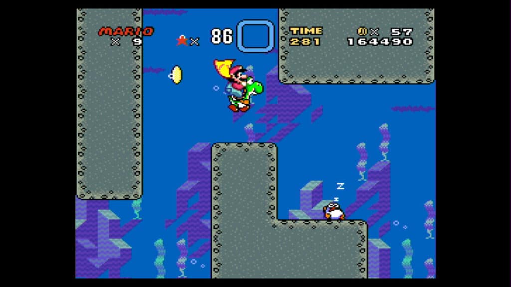 Mario and Yoshi swim through one of the game's challenging water levels.