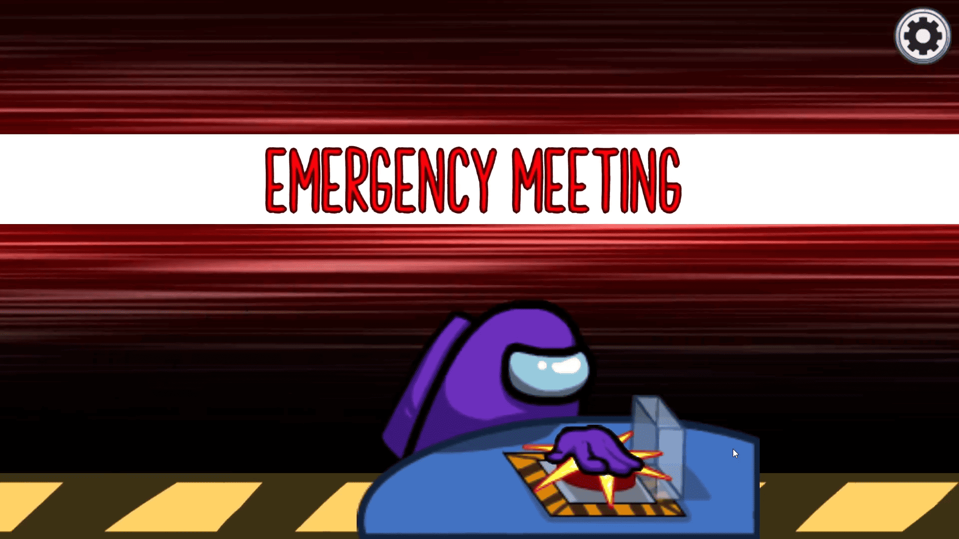 An image of the purple Among Us character slamming a big red button calling an emergency meeting