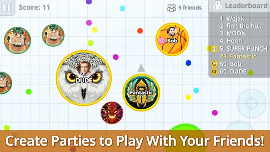 In-game screenshot of a party of players in Agar.io.