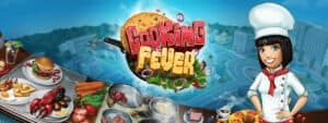 The mascot of Cooking Fever stands near the logo for the game.