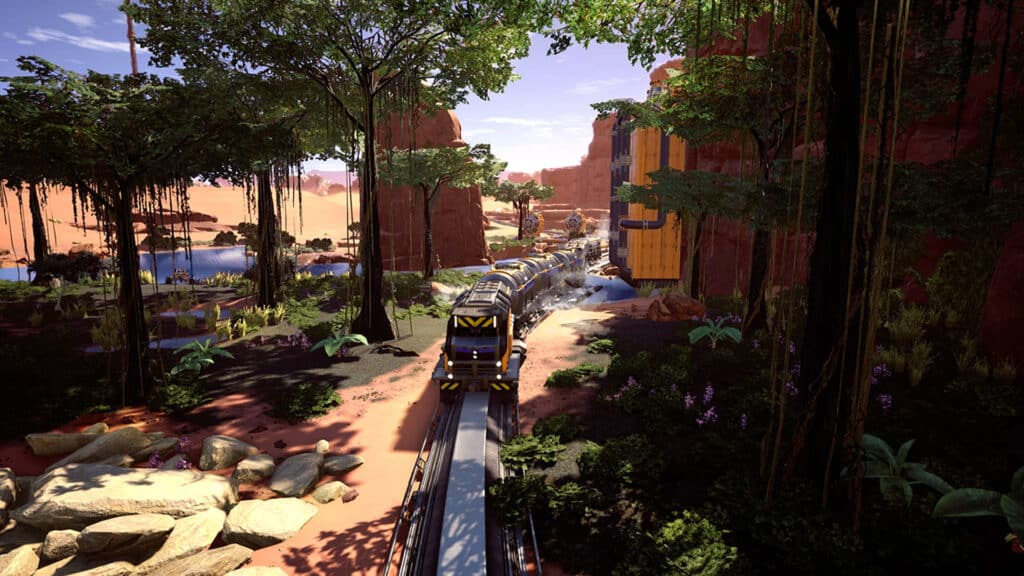 Satisfactory players can build trains and other vehicles.