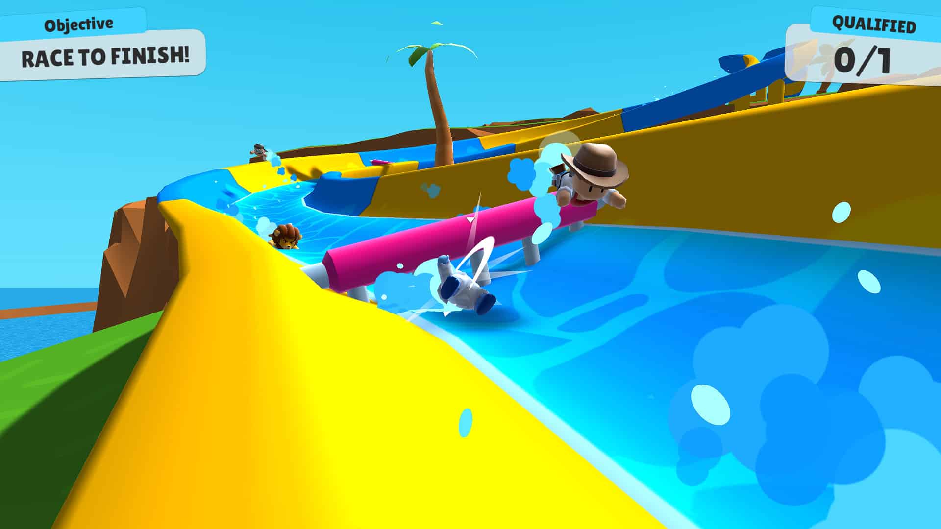 Players sliding on a water slide in Stumble Guys