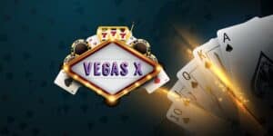 The Vegas-X logo appears next to a hand of playing cards.
