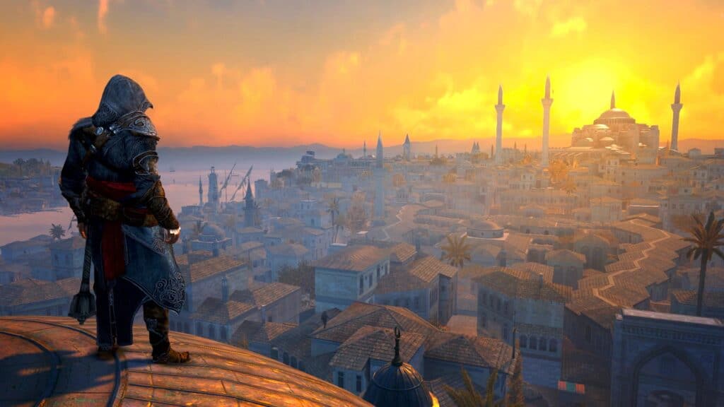 Ezio on top of a building in an Assassin's Creed game.