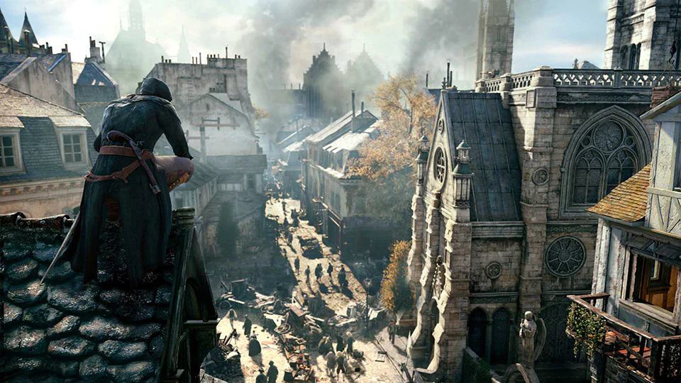 Arno looking down a street in Assassin's Creed Unity.