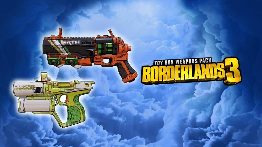 A Steam promotional image for Borderlands 3's Toy Box Weapons Pack.