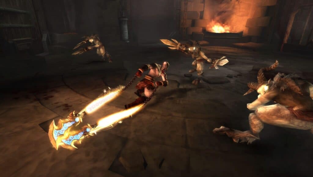 Kratos swinging the Blade of Chaos in God of War: Ghost of Sparta.