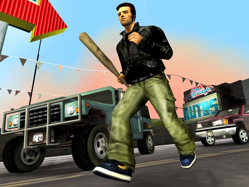 Claude with a baseball bat in Grand Theft Auto III.