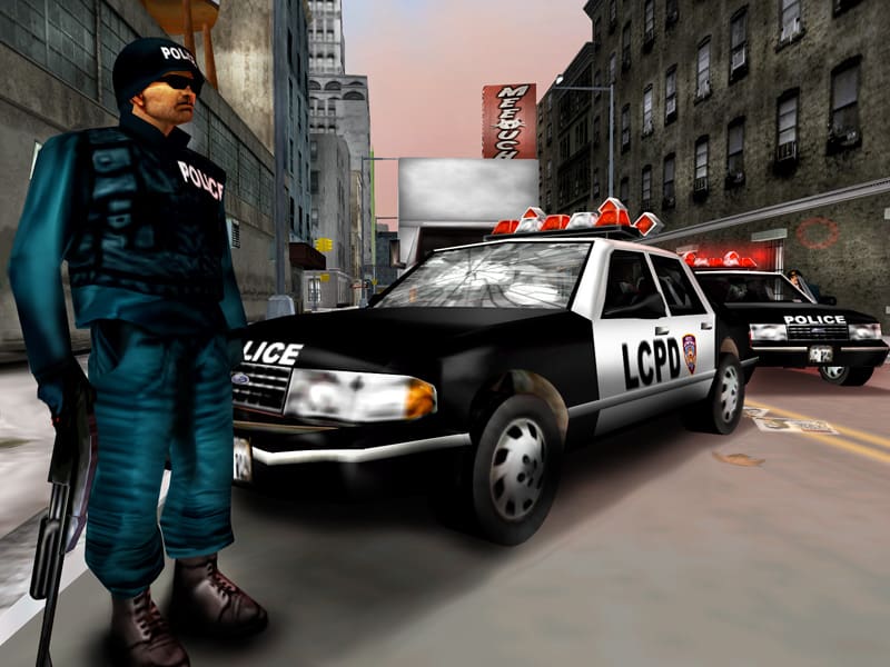 Police in front of a Police Car in Grand Theft Auto III.