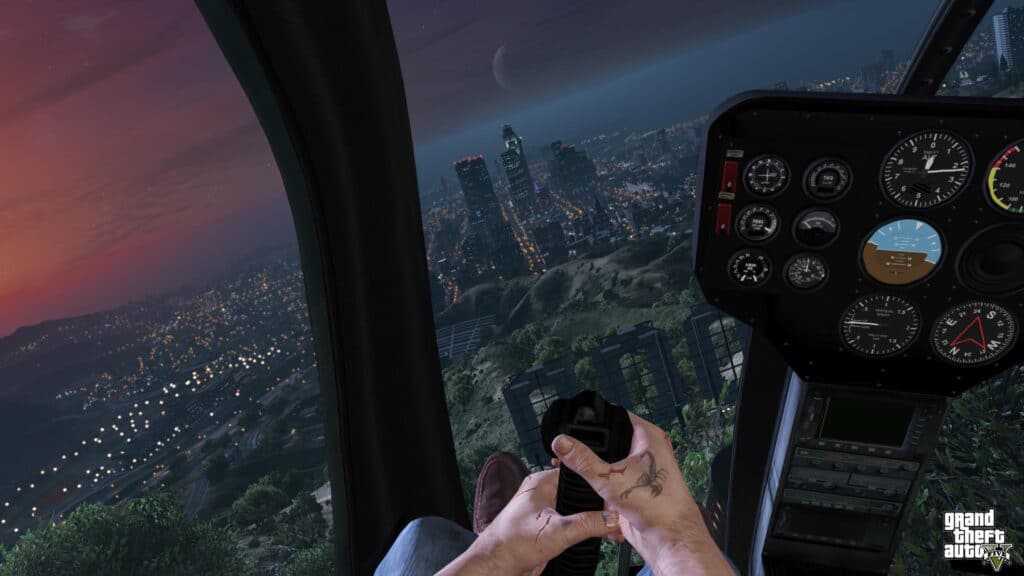 Flying a helicopter in Grand Theft Auto V.