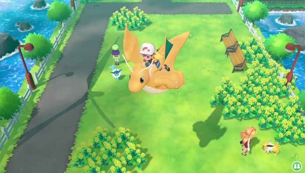 Flying on Dragonite in Pokemon Let's Go.