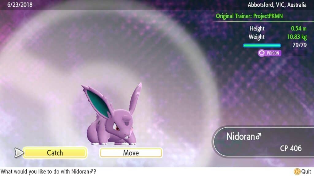 Nidoran character screen in Pokemon Let's Go.