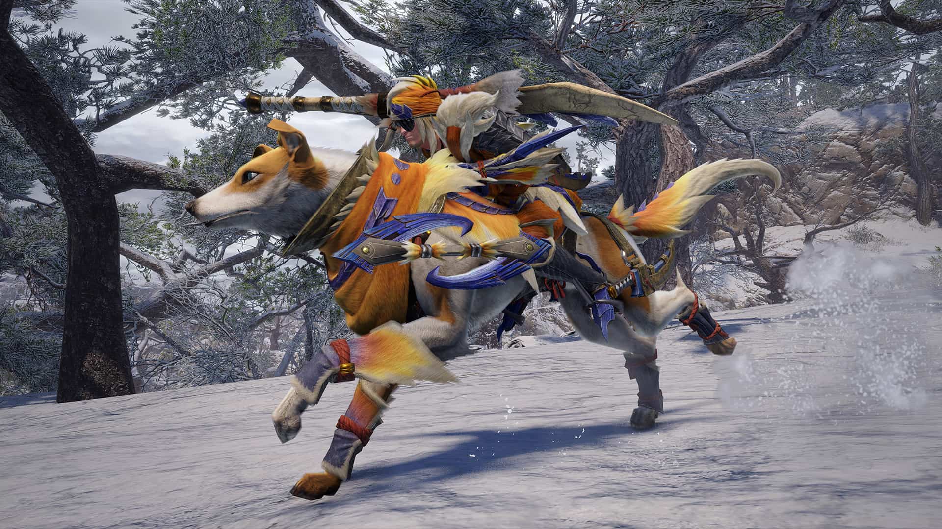A Monster Hunter Rise player rides a Palamute through a snowy field.