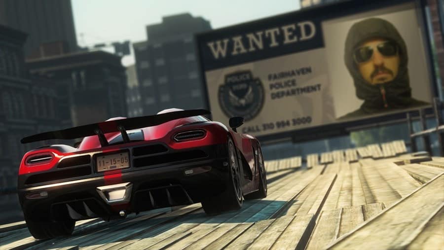 Wanted Poster and a supercar in Need for Speed: Most Wanted.