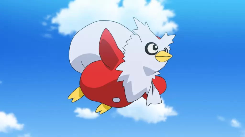 Animated Delibird flies through the air.