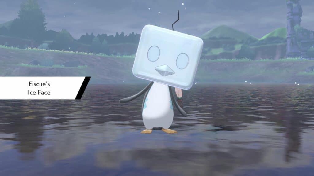A screenshot of Pokemon Sword and Shield showing Eiscue's "Ice Face" ability.