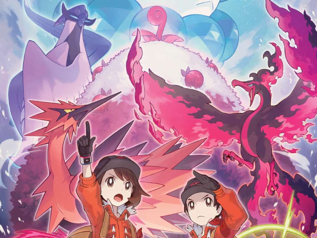 Artwork showing the Galarian forms of Moltres, Articuno, and Zapados from Pokemon Sword and Shield.