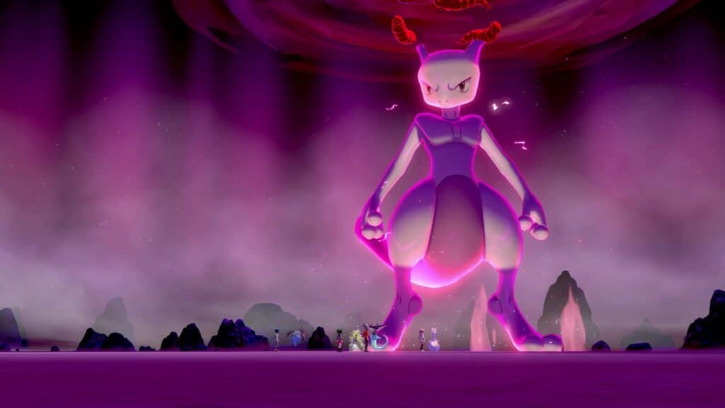 A screenshot showing Mewtwo from Pokemon Sword and Shield.