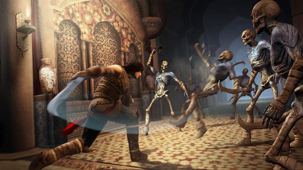The Prince fights a horde of skeletons in Prince of Persia: Forgotten Sands game.