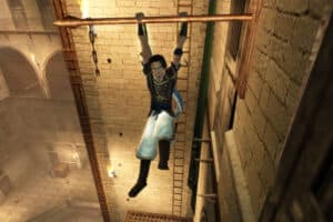 The Prince of Persia swings on a pole in this screenshot from Sands of Time.
