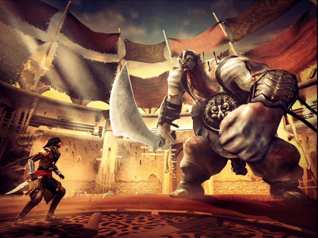 The Prince of Persia faces a giant monster in this screenshot from The Two Thrones.