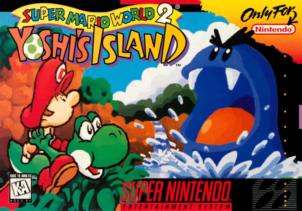 The box art for Yoshi's Island shows Yoshi and Baby Luigi adventuring through the wilderness.