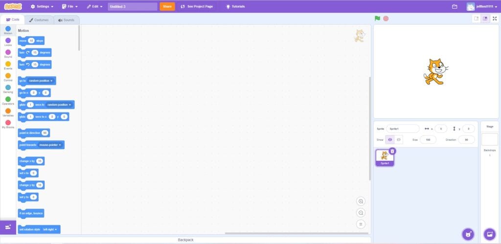 A screenshot of a blank Scratch project.