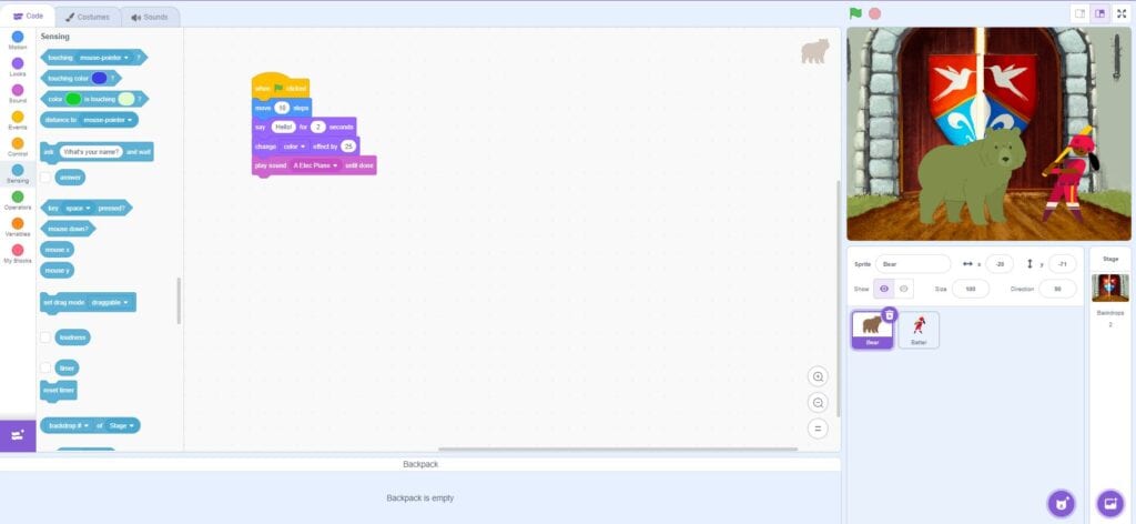 A screenshot of a Scratch project using blocks put together into a sequence.