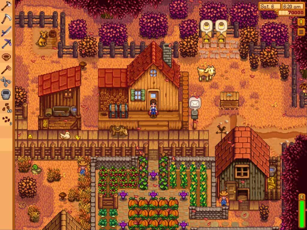 Buildings and crops in Stardew Valley.