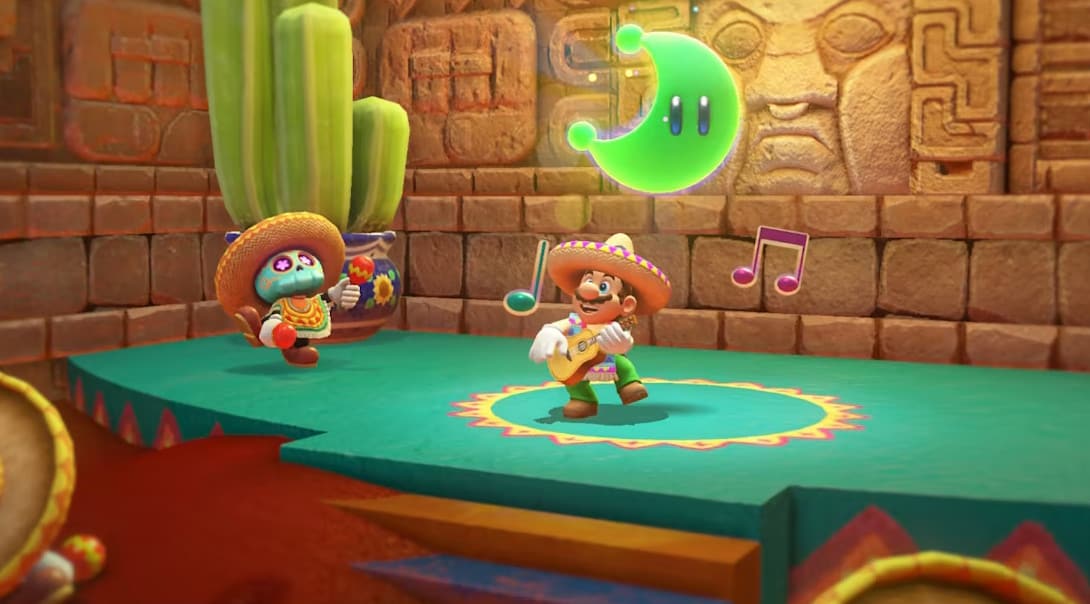 Mario plays the banjo in this screenshot from Super Mario Odyssey.